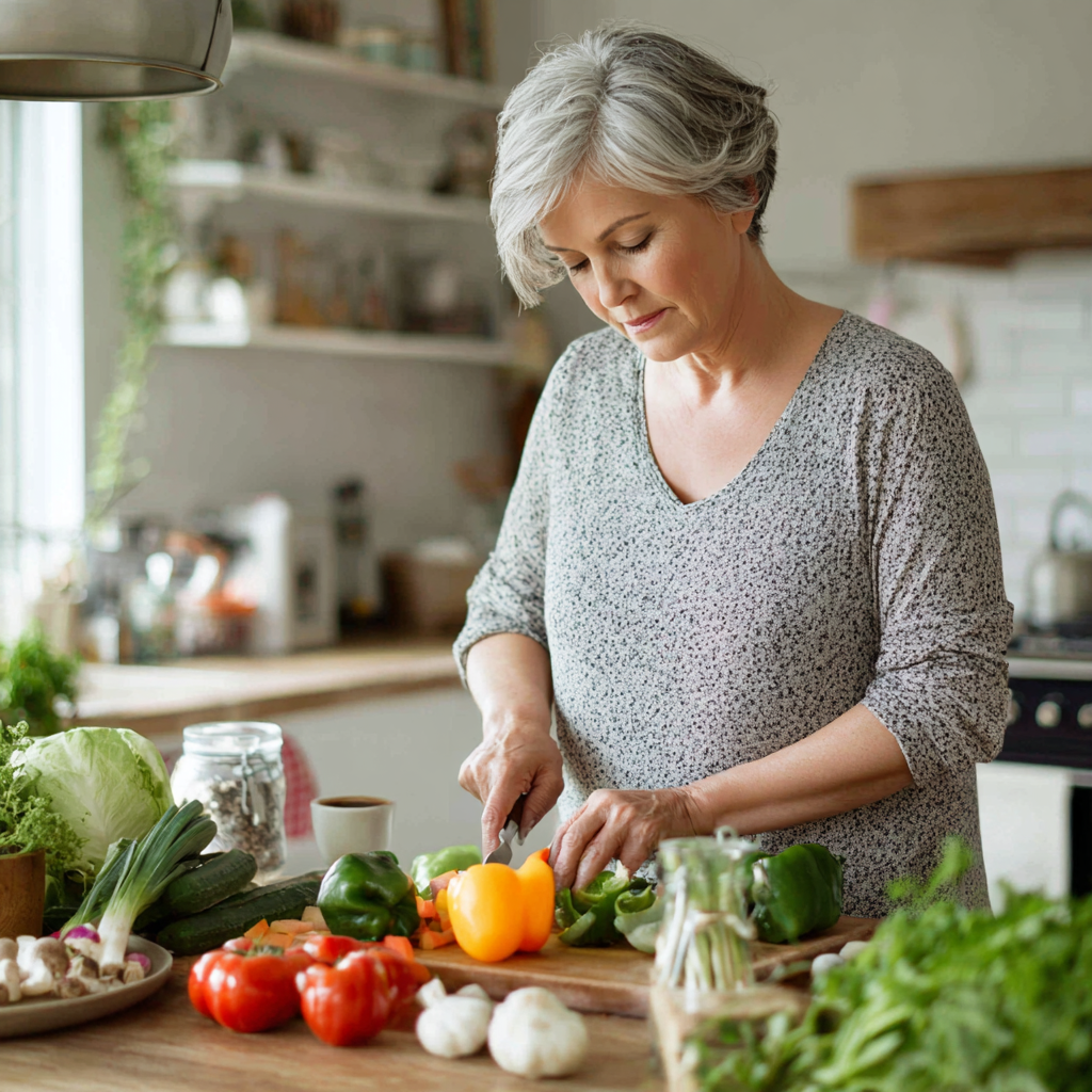 Middle-aged woman preparing fresh vegetables in a bright kitchen, focusing on mindful meal planning