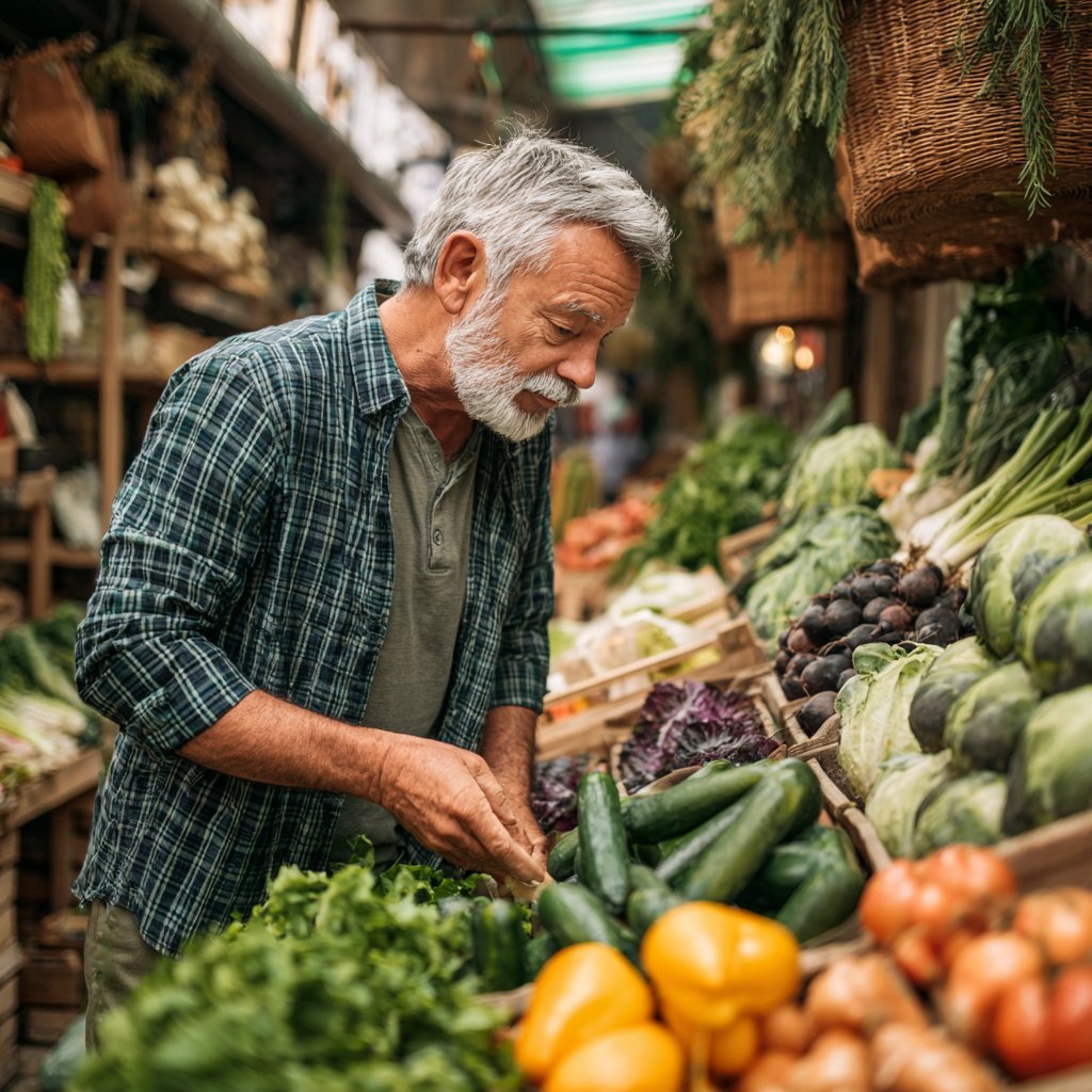 Older adult selecting fresh produce at a local market, emphasizing seasonal ingredients and mindful shopping